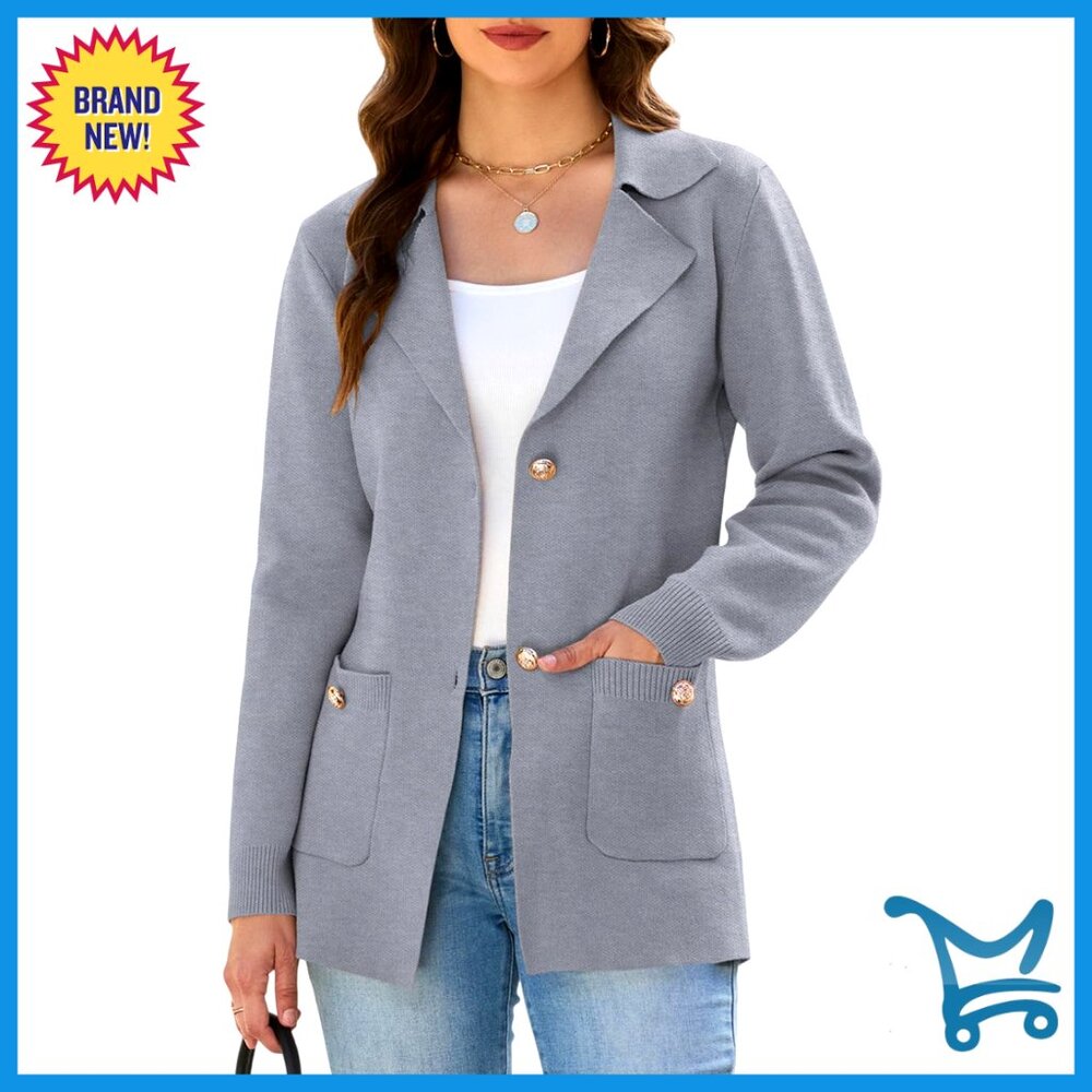 Long Sleeve Open Front Blazer With Pockets, Business Casual Soft Knit